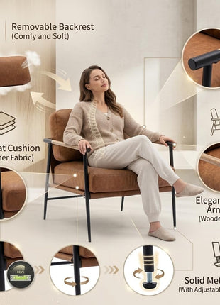 Mid-Century Modern Accent Chair in Brown PU Leather with Black Metal Legs, Perfect for Living Room, Bedroom, or Reception Area