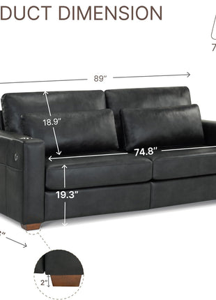 89" Black Faux Leather Upholstered 3-Seater Sofa Couch with Deep Seats, Wide Armrests, Cup Holders, USB & Type-C Ports, Spring Cushions, and Solid Wood Frame for Living Room