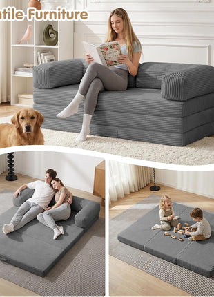 5-in-1 Convertible Sofa Bed - Elegant Boneless Couch with Removable L-Shaped Armrests, Tri-Folding Floor Mattress, and Pull-Out Bed for Enhanced Comfort