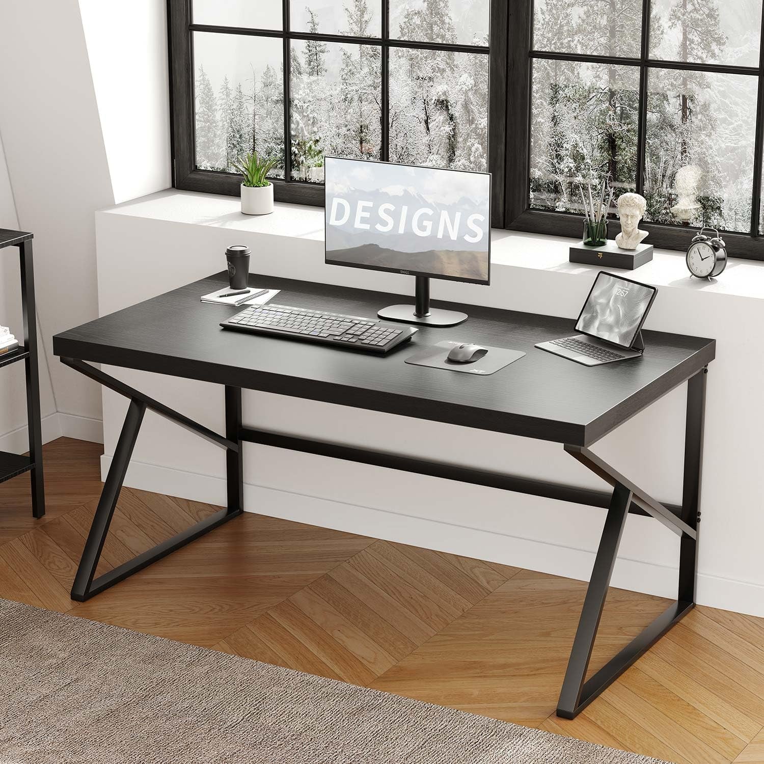 Black Desk, Modern Industrial Home Office Computer Desk, Laptop PC Desk for Student Work Writing Study Gaming, Simple Metal and Wooden Computer Table in Bedroom Living Room Workstation, 55 Inch