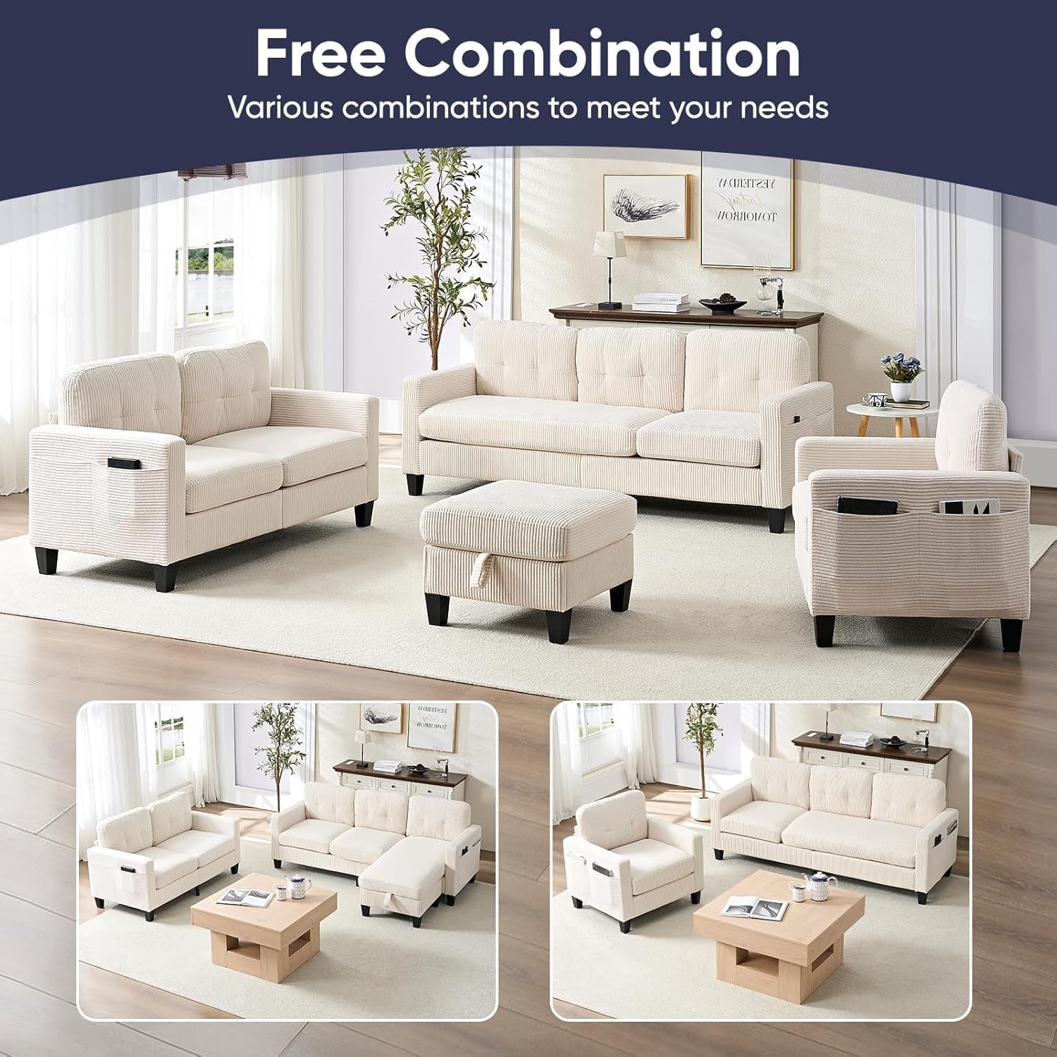 6 Seater Sectional Sofa Set W/Ottoman,3Pcs Modern Couch Set with Movable Storage Ottoman & Side Pockets,3 Seat L Shaped Couch Loveseat and Armchair for Living Room Furniture(3+2+1 Seat/Beige)