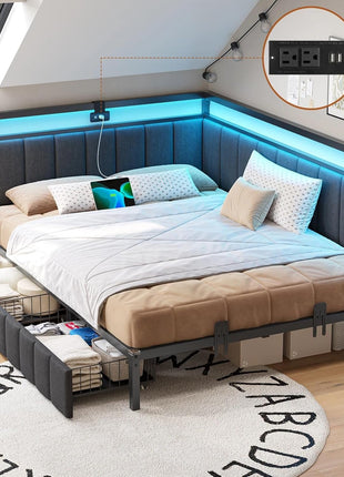 Full Size Corner Bed Frame with Two Storage Drawers and Integrated Charging Station, Upholstered Guardrail, LED Lights, and Gray Finish, Ideal for Teens and Adults
