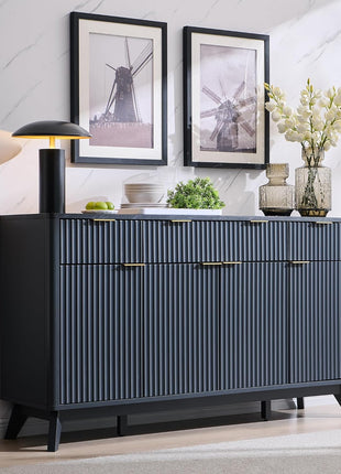 60-Inch Contemporary Fluted Buffet Sideboard Cabinet with Storage, Featuring 3 Drawers and 4 Doors for Dining Room, Living Room, and Hallway in Dark Grey