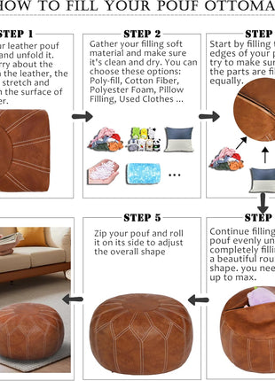 Handcrafted Moroccan Faux Leather Pouf Ottoman with Storage - Versatile Bohemian Chic Footrest for Living Room, Bedroom, and Patio - Round Ethnic Floor Cushion and Decorative Accent in Brown