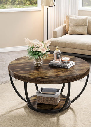 31.7-Inch Round Wooden Coffee Table with Dual-Tier Storage Shelves, Modern Rustic Accent Table for Living Room in Brown Finish