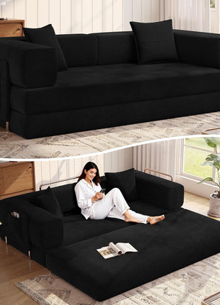 78.8-Inch Convertible Sleeper Sofa - Modular Black Corduroy Couch with Armrest Pillow, No Assembly Required