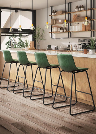 Set of 3 Contemporary 26-Inch Counter Height Bar Stools with Backrest, Faux Leather Upholstery, Metal Legs and Footrest, Perfect for Kitchen Islands (Green)