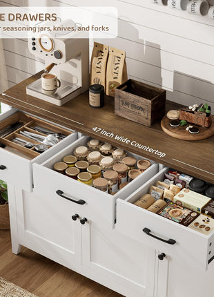 47-Inch Contemporary Farmhouse Buffet Cabinet with Storage Solutions, Adjustable Shelves, and Drawers for Dining Room, Kitchen, and Entryway - White Wood Sideboard