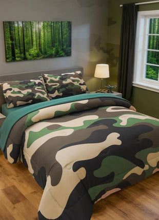 Twin Size Camouflage Bedding Comforter Set with Sheets - 5 Piece Bed in a Bag for Boys, Girls, and Teens - Neutral Farmhouse Lodge Cabin Army Green Bedspread