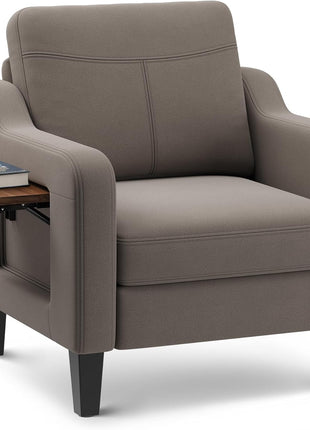 Contemporary Linen Upholstered Accent Chair with Foldable Table and Side Pockets for Living Room and Bedroom