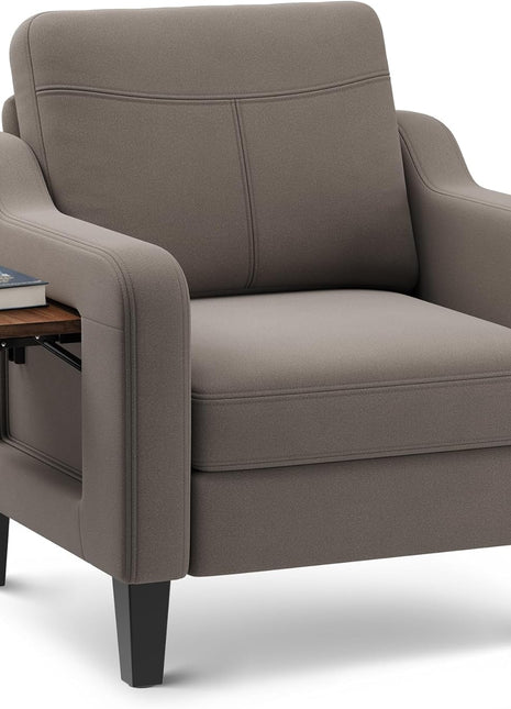 Contemporary Linen Upholstered Accent Chair with Foldable Table and Side Pockets for Living Room and Bedroom