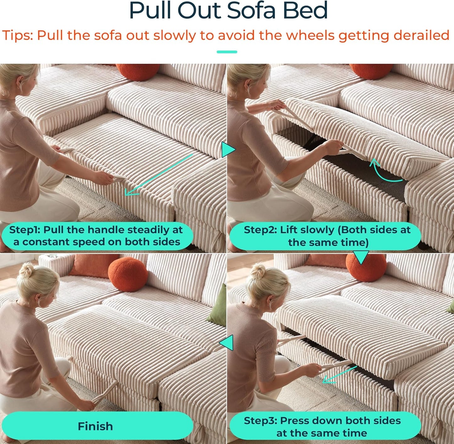 Loveseat Sofa with Pull Out Couch Chaise: 2-In-1 Convertible 2 Seater Sofa with USB Charging & Cup Holders, Comfy Plush Corduroy Love Seat for Small Spaces Living Room Apartment, Beige