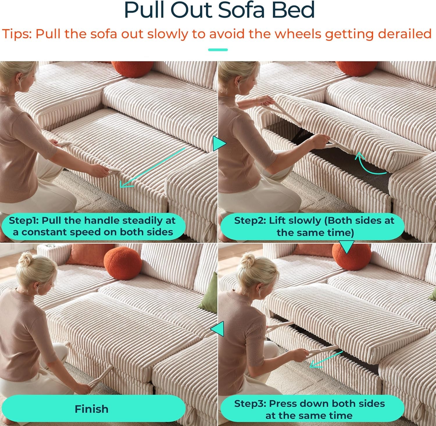 Loveseat Sofa with Pull Out Couch Chaise: 2-In-1 Convertible 2 Seater Sofa with USB Charging & Cup Holders, Comfy Plush Corduroy Love Seat for Small Spaces Living Room Apartment, Beige