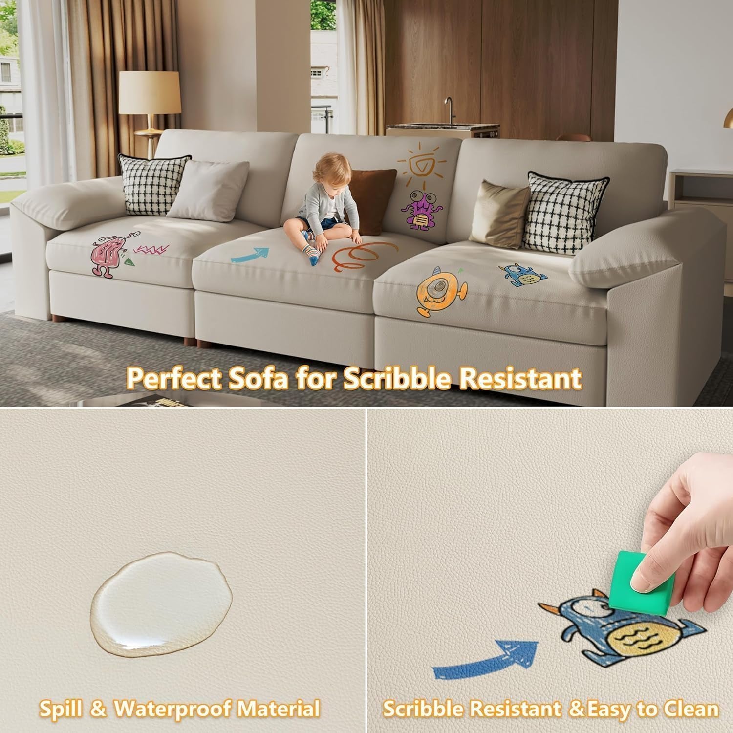 Leather Sectional Couch, Oversized Modular Sectional Sofas, Wide Deep Seat Modular Couch, Scratch Resistant Faux Leather Material, L Shaped Sofa for Big Spaces, Beige