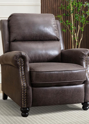 Pushback Recliner Chair in Faux Leather with Rivet Accents - Reddish Brown Single Sofa Accent Chair for Living Room