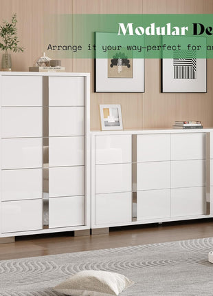 5-Piece Contemporary Bedroom Set with King Size Upholstered Platform Bed, 58" Wingback Headboard, 6-Drawer Dresser, Tall Chest, and 2 Coordinated Nightstands in Cream and White
