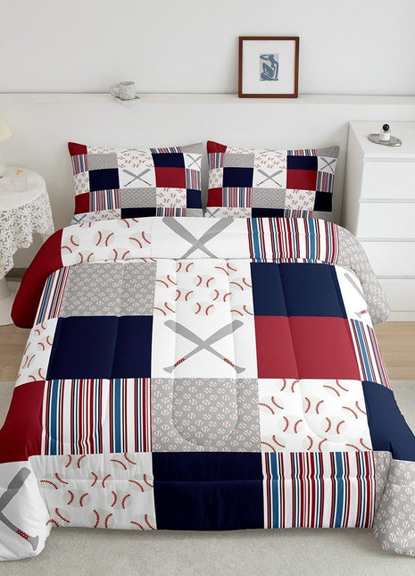 Baseball-Themed Twin Size Comforter Set - Sports Game Bedding for Baseball Enthusiasts - White and Navy Duvet Set for Room Decor