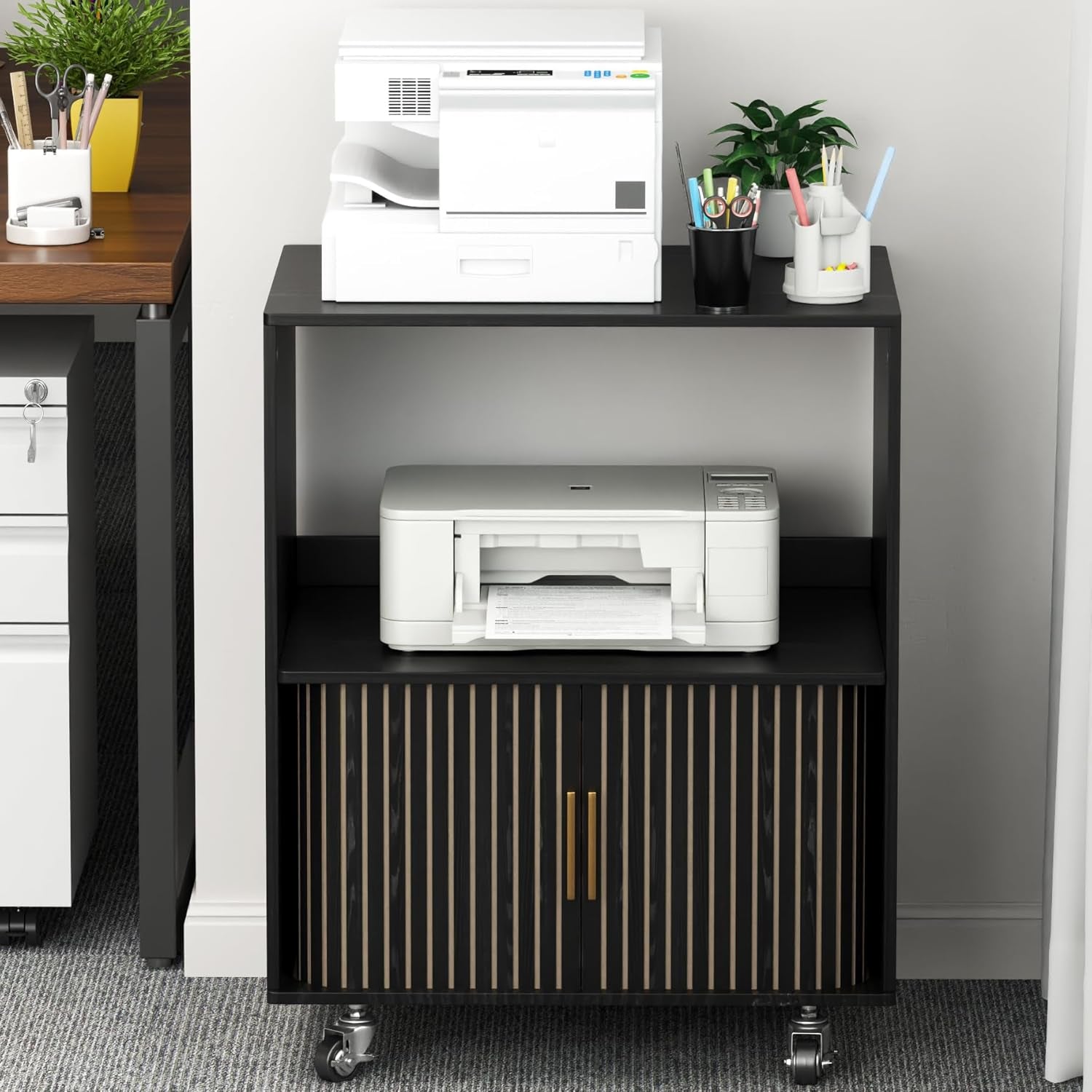Printer Stand with Storage, File Cabinets with Sliding Doors, Rolling Printer Cart under Desk with Open Storage Shelf for Home Office, Workspace (Black, 23.62" L)