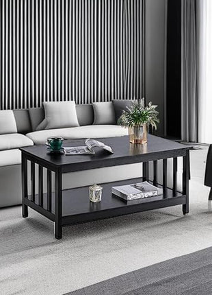 Mission Style Black Wood Coffee Table with Shelf, 40-Inch Living Room Accent Table