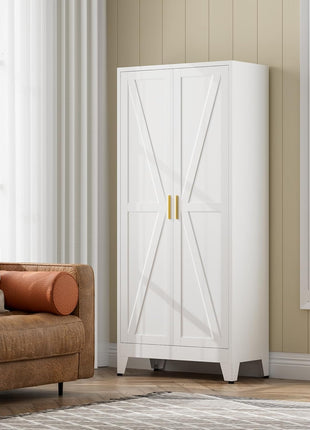 61" White Farmhouse Storage Cabinet with 2 Barn Doors, 3 Adjustable Shelves, and Legs for Versatile Use in Kitchen, Dining Room, Bathroom, Living Room, Office, or Laundry Room