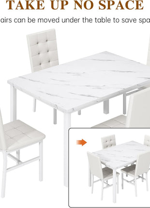Contemporary Dining Table Set for Four with Faux Marble Surface and Leather Upholstered Chairs, Perfect for Compact Areas, White Finish