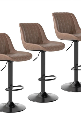 Set of 3 Adjustable Swivel Counter Height Bar Stools with Backrest, Modern Armless Design in Light Brown PU Leather