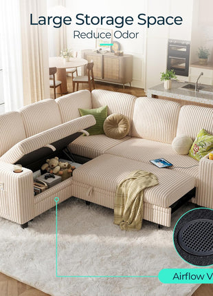 Stylish Corduroy Sectional Sleeper Sofa with Storage Chaise, USB Charging, and Comfortable L-Shaped Design in Beige