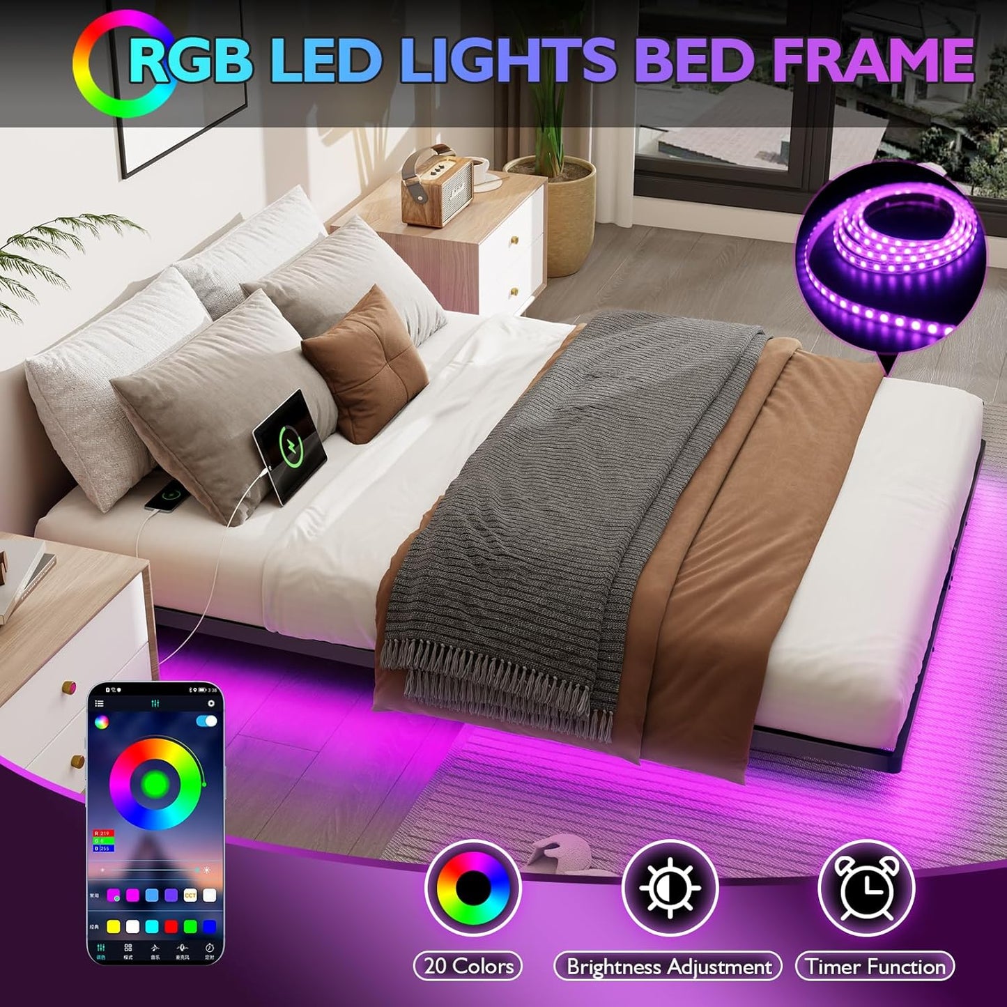 Queen Size Floating Metal Bed Frame with Smart LED Lights & Charging Station, Metal Platform Bed Base No Box Spring Needed, Easy Assembly, Noise Free