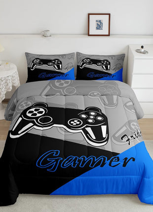 Twin Size Gaming Comforter Set for Boys - All-Season Video Game Themed Bedding with Comforter and Pillowcase in Blue, Black, and Grey