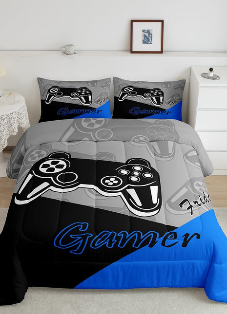 Twin Size Gaming Comforter Set for Boys - All-Season Video Game Themed Bedding with Comforter and Pillowcase in Blue, Black, and Grey