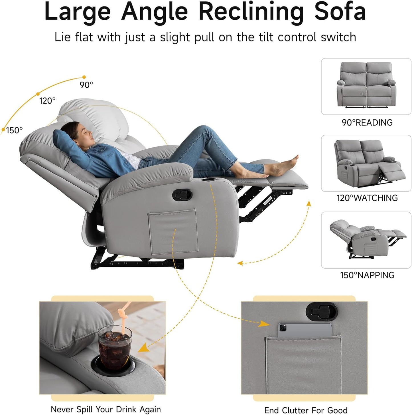 Reclining Loveseat Double Recliner Couch, Anti-Scratch RV 2 Seater Wall Hugger Recliner Chair Set for Living Room, RV, Home Theater(Loveseat, Gray)