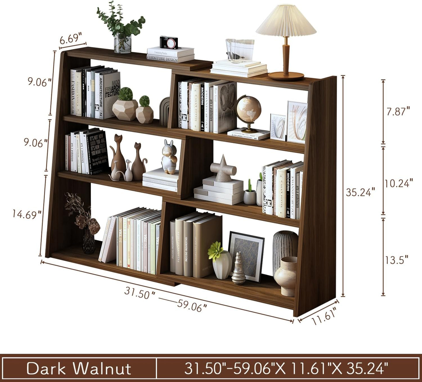 Wooden Extendable Shelf Bookcase - 3-Tier Ladder Low Short Bookshelf for Small Space or Corner, Dark Walnut, L