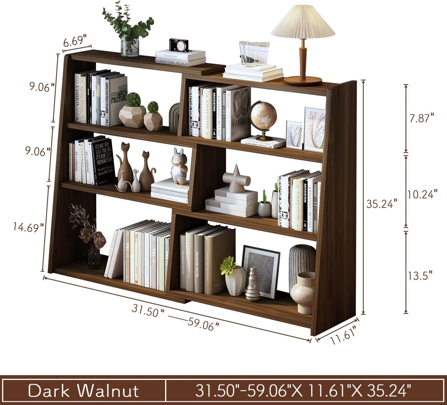 Wooden Extendable Shelf Bookcase - 3-Tier Ladder Low Short Bookshelf for Small Space or Corner, Dark Walnut, L