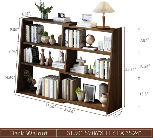Wooden Extendable Shelf Bookcase - 3-Tier Ladder Low Short Bookshelf for Small Space or Corner, Dark Walnut, L