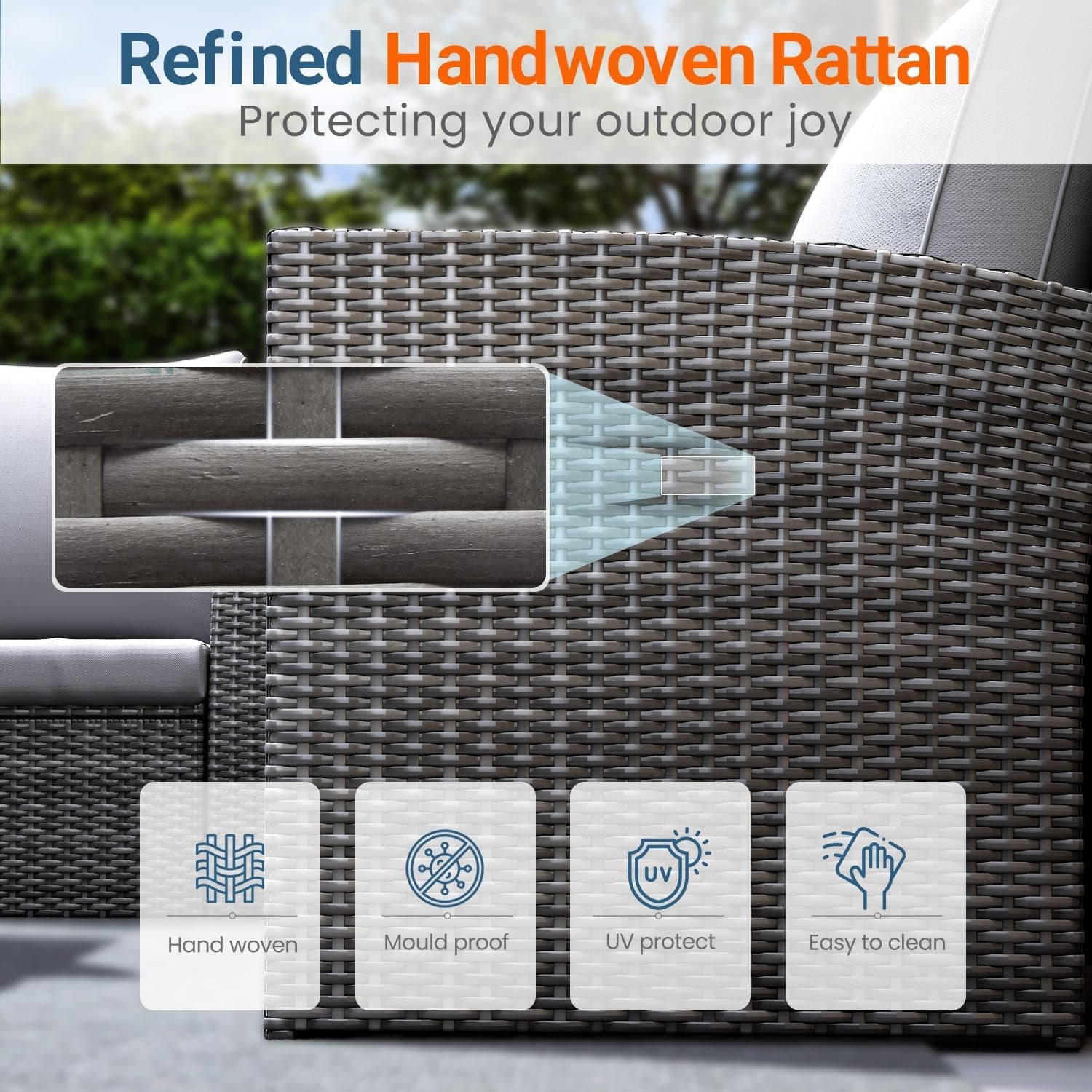 4 Piece Patio Furniture Set, Wicker Outdoor Patio Conversation Furniture Set, All Weather Outdoor Patio Sofa with Cushion and Glass Table, Ash Gray