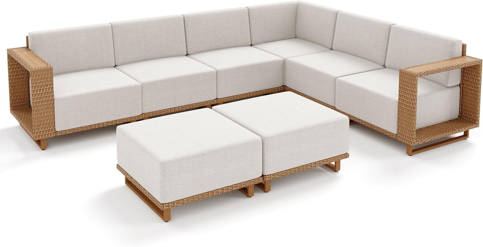 L Shaped Patio Furniture,Outdoor Rattan Wicker Sectional Sofa with 10''Ultra-Thick Cushions,All Weather Patio Conversation Set for Lawn Garden Backyard,Beige