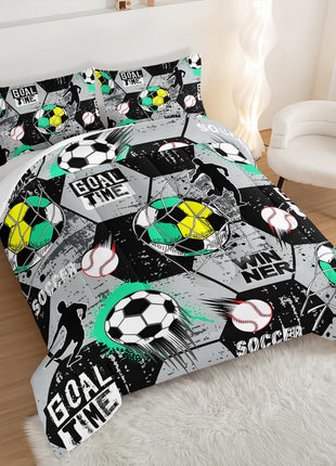Twin Size Soccer Bedding Comforter Set with Football and Baseball Print, Sports-Themed Room Decor for Teen Boys, Gray and Black Hexagonal Pattern with Two Pillowcases.