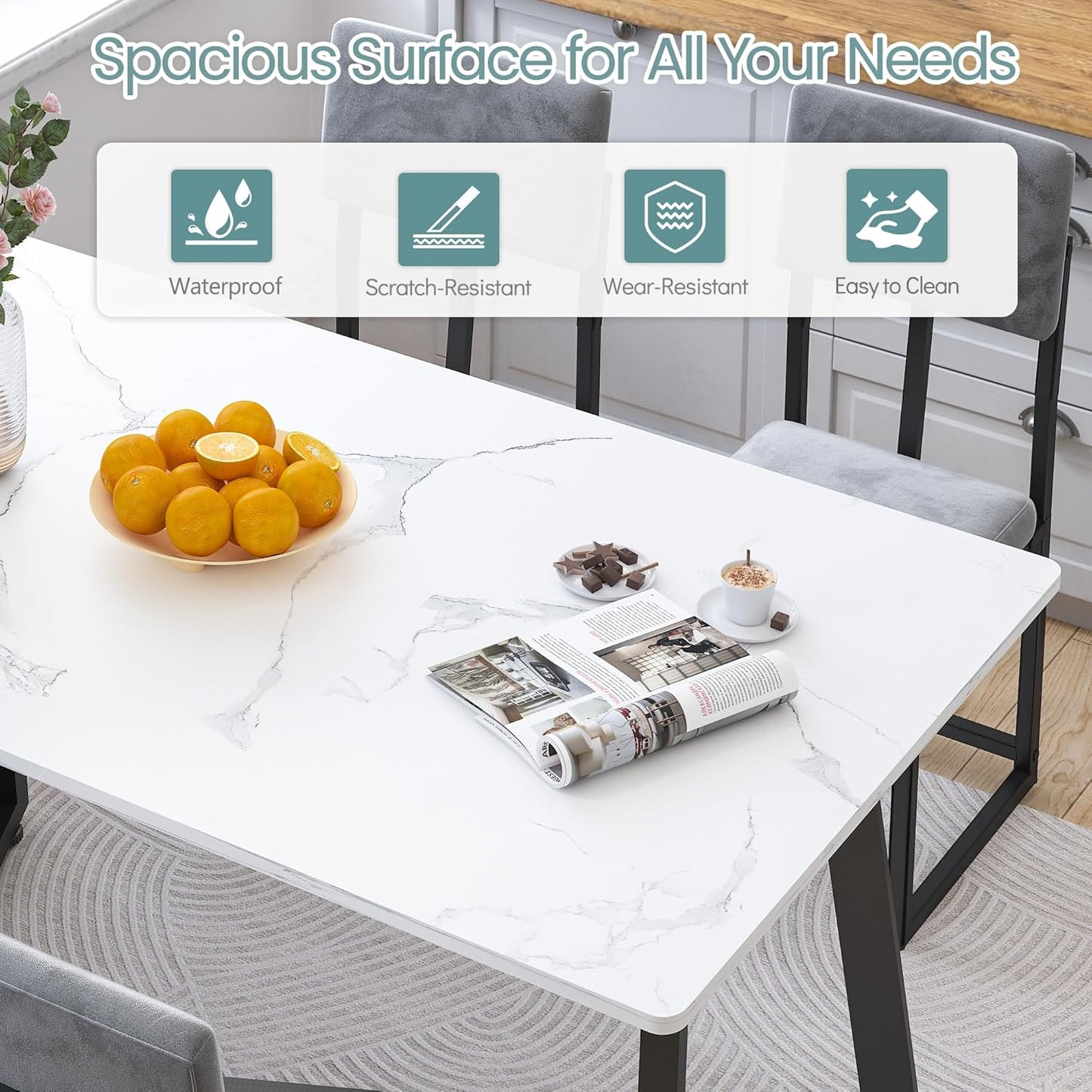 5 Piece Dining Set, 47.24'' Faux Marble Dining Table Set for 4, Modern Minimalist Kitchen & Dining Room Set with Upholstered Chairs for Small Spaces, Apartments (Charcoal Velvet)