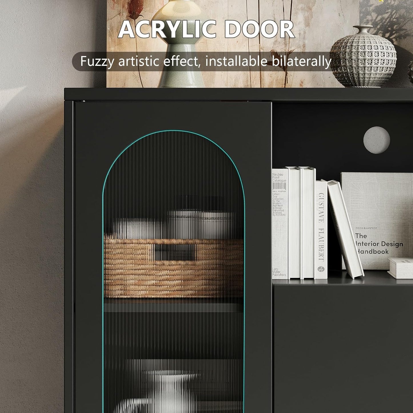 Sideboard Buffet Cabinet with Fluted Glass Doors and Adjustable Shelf, Wood Modern Accent Cabinet with Storage for Kitchen, Entryway, Living Room, Black