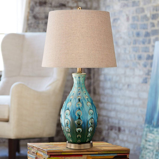 Mid Century Modern Vase-Shaped Table Lamp 26.5" High Textured Glaze Teal Green Hand-Made Ceramic Tan Linen Drum Shade for Living Room Bedroom House Bedside Home (Color May Vary)