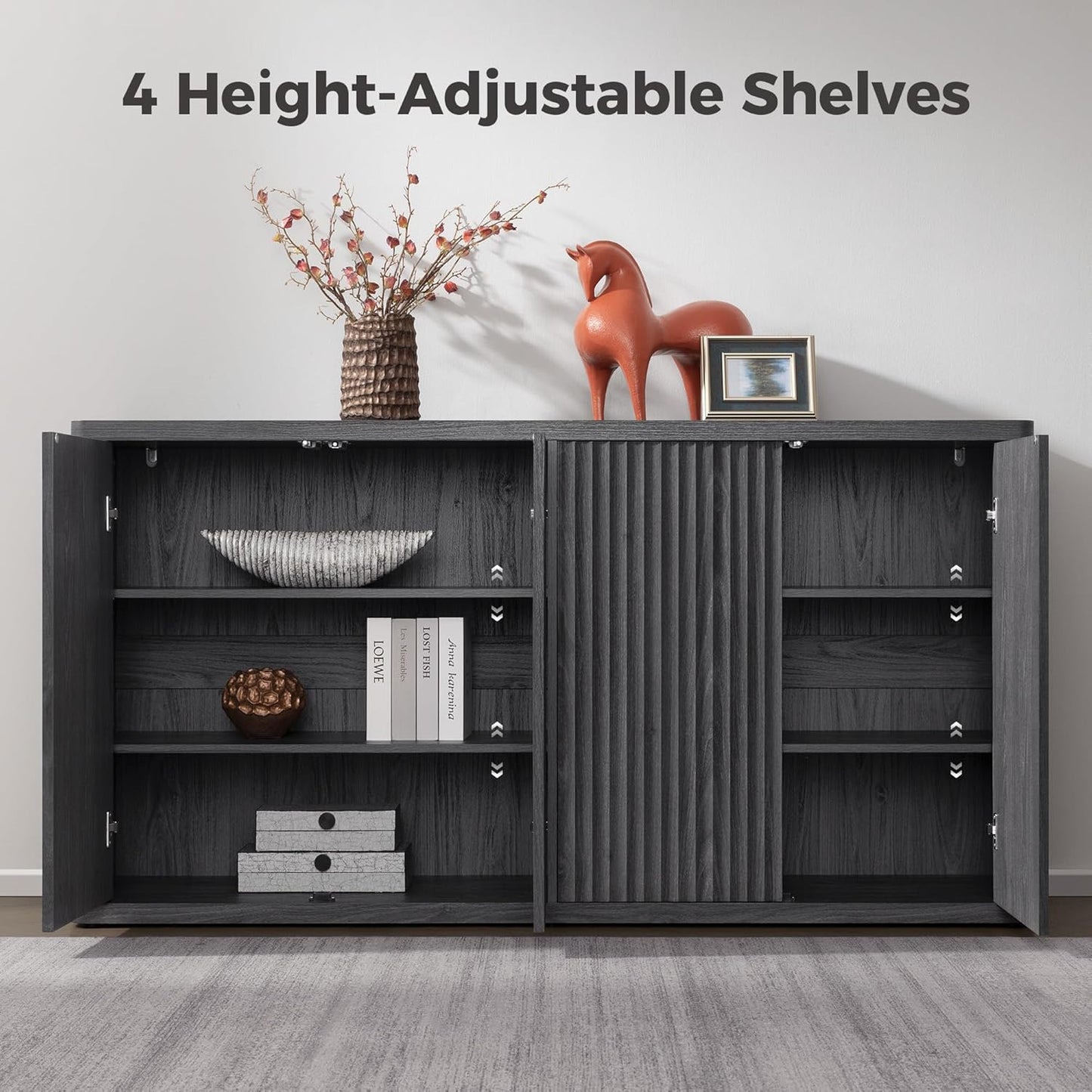 Buffet Cabinet with Storage Accent Sideboard with 4 Doors 66.3" Wide Fluted Credenza Modern Buffet Table Media Console Cabinet Entryway Cabinets for Living Room Kitchen Dining Room Hallway