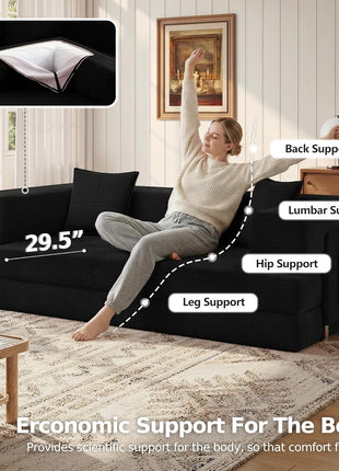78.8-Inch Convertible Sleeper Sofa - Modular Black Corduroy Couch with Armrest Pillow, No Assembly Required
