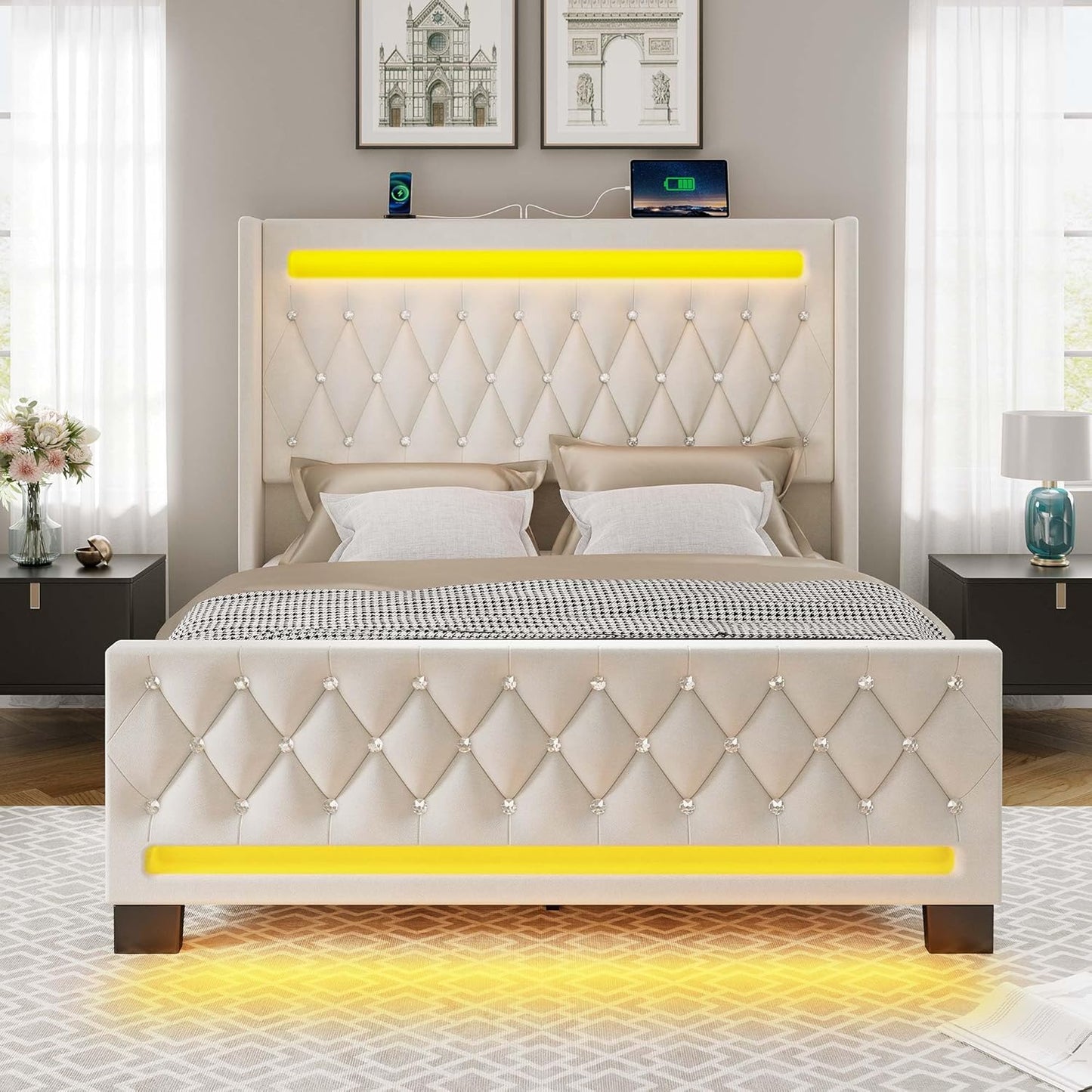 Queen Bed Frame with LED Light and Charging Station, Upholstered High Headboard and Footboard, Wood Slats, Noise Free, Easy Assembly, Beige