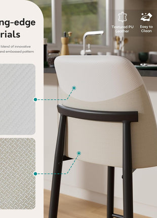 Set of 2 Modern Upholstered Counter Height Bar Stools, 26-Inch with Backrest, Textured Leather and Fabric, Metal Legs for Kitchen Island and Dining Room, White