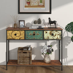 Entryway Console Table with 3 Retro Flowers Fabric Drawers Boho Narrow Long behind Couch Sofa Table with Bottom Open Storage Shelf for Hallway Living Room Foyer (Rustic Brown, 3 Drawers)