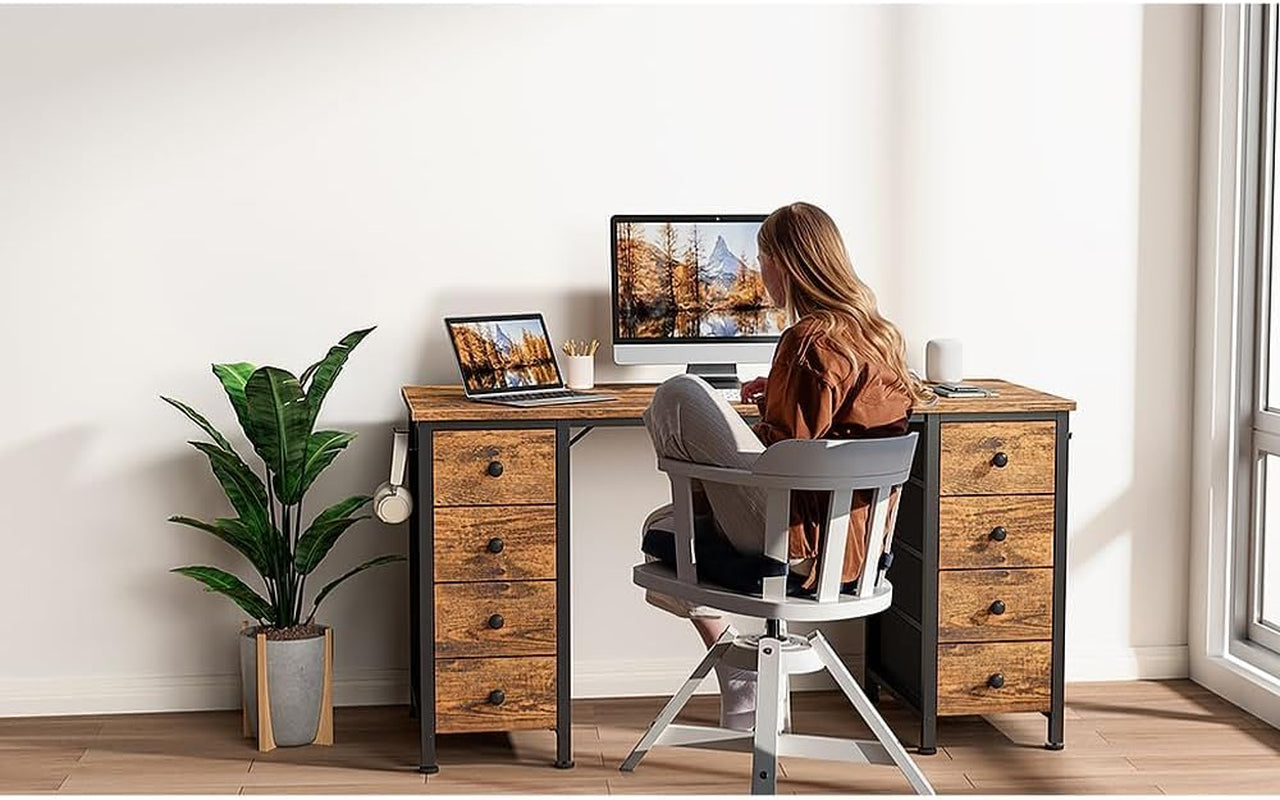 Office Desk with Fabric Drawers on Both Sides, 47 Inch Home Office Desk with 8 Fabric Drawers, Writing Study Work Computer PC Desks with Storage for Bedroom, Rustic Brown