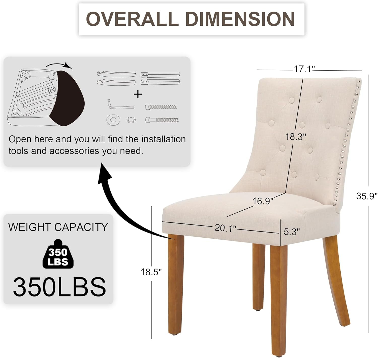 Upholstered Tufted Dining Chairs Set of 4, Fabric Side Dining Room Chairs with Nailhead Back Ring Pull Trim Solid Wood Legs, Beige