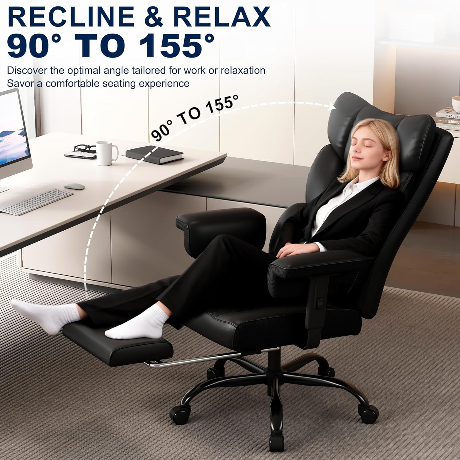 Big and Tall Office Chair with Footrest, High Back Executive Desk Chair with Adjustable Lift Armrest, 155°Recline，Lumbar Support Pillow, Faux Leather Gaming Chairs for Home or Office Black