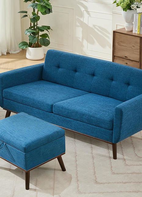 Mid-Century Modern Living Room Furniture Set with Sofa Couches and Ottoman, Blue Linen Upholstery, Button Tufted Design, Solid Wood Legs, Pocket Spring Comfort, and Wood Slat Frame