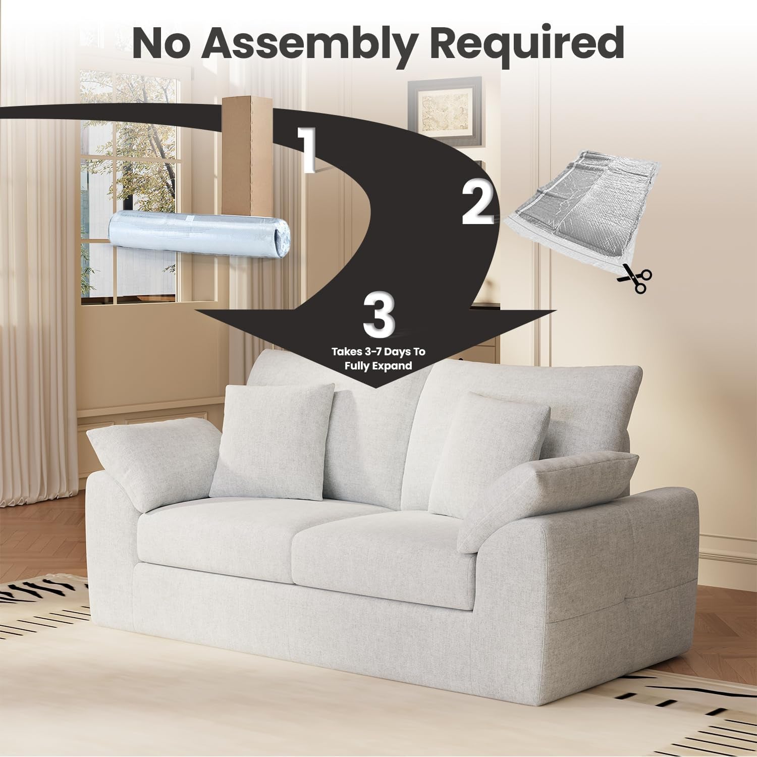 75.6" Modern Loveseat Sofa for Living Room, Cloud Boneless Couches with 4 Pillows, Mid Century Loveseat Couches for Small Place, No Assembly Required, Camel